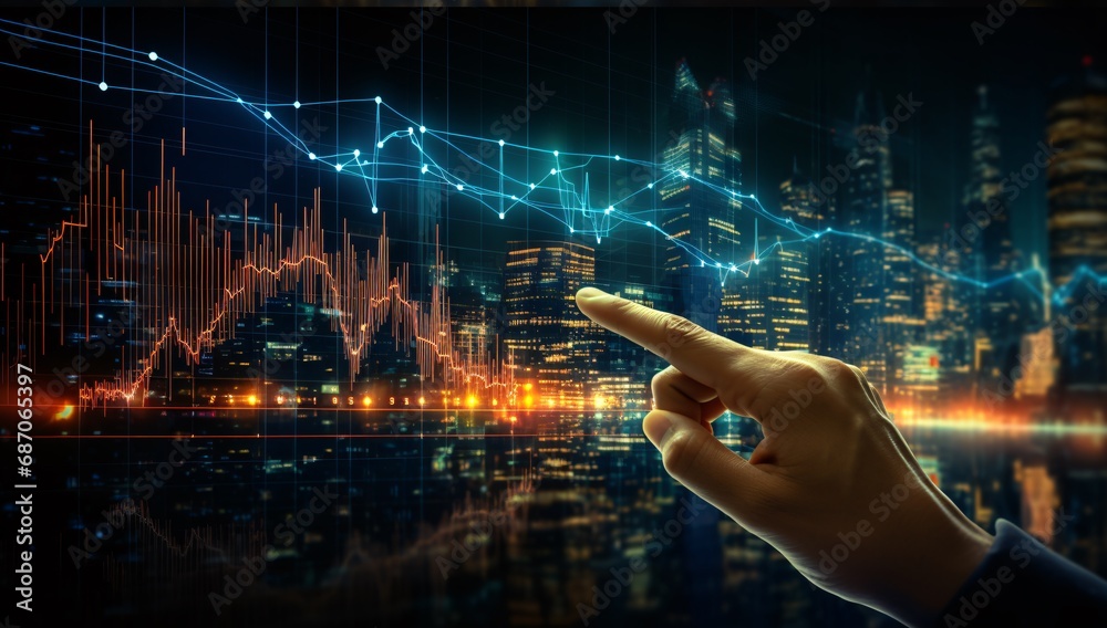Φωτογραφία Witness the success story unfold as a businessman's hand confidently points to the financial chart of metaverse technology showcasing growth and prosperity against the backdrop of the stock market
