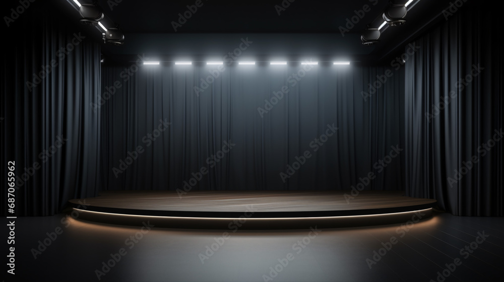 Montage for product display with spotlight in a black studio.