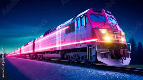 A powerful locomotive pulls a long cargo train with neonic light trails.