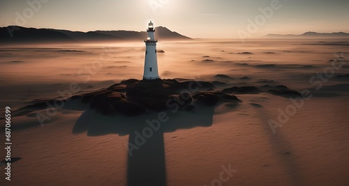 Landscape with white lighthouse in desert sea. AI