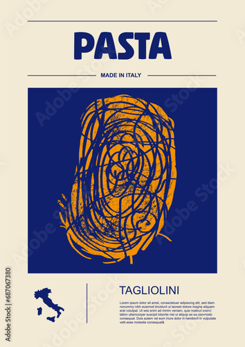 Italian macaroni types, labels for packages set. Tagliolini pasta. Organic and natural product, gourmet ingredient for cooking dishes. Handmade and tasty. Vector in flat style