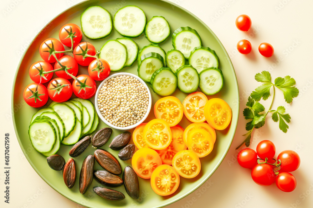 Plate arranged vegetables, tomatoes, cucumbers, and seeds, representing clean eating and meal preparation, highlighting health-focused nutrition. Concept of healthy food and vegan diet. Veganuary