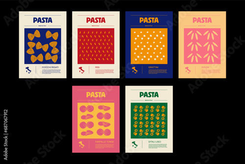 Italian macaroni types, labels for packages set. Fiocchi rigati, Risi, Farfalle tonde, Grattini, Ditali lisci, Risoni pasta. Organic and natural product photo