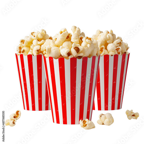 Red striped carton cinema boxes with popcorn isolated on transparent background PNG photo