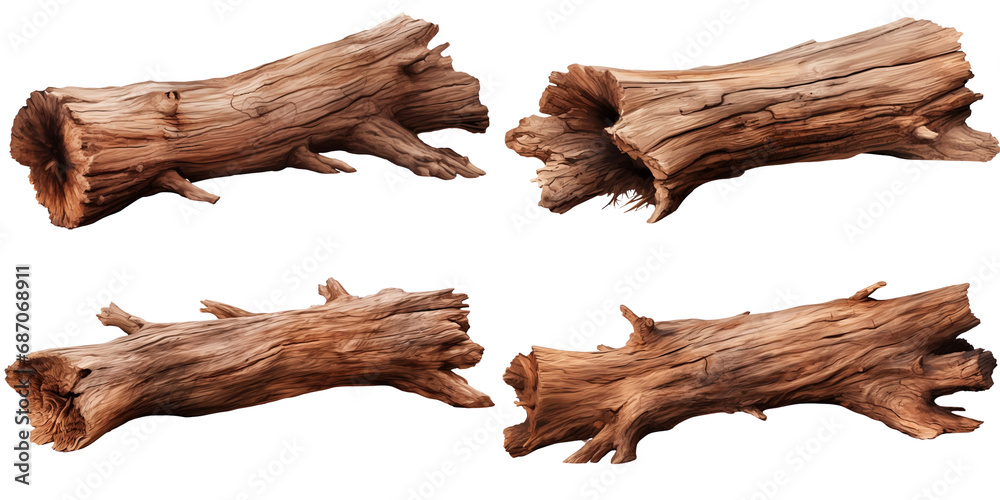 A set of Wooden Tree Log Trunk Stump Isolated on a Transparent Background  