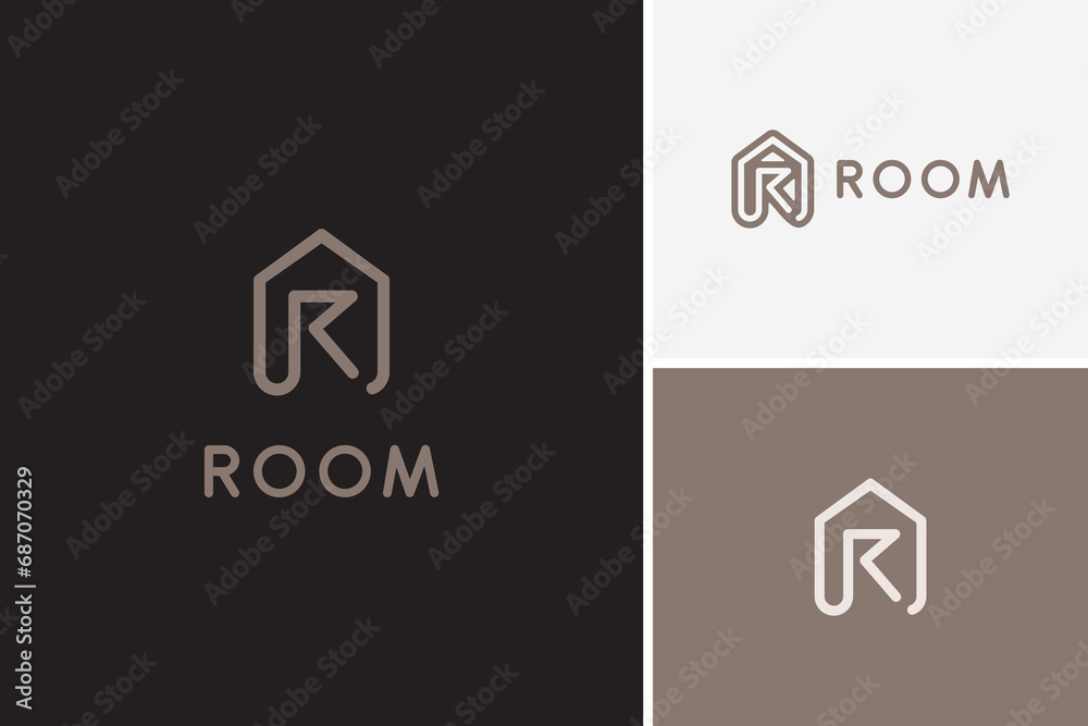 Minimalist line house symbol letter R logo design vector business real estate - obrazy, fototapety, plakaty 
