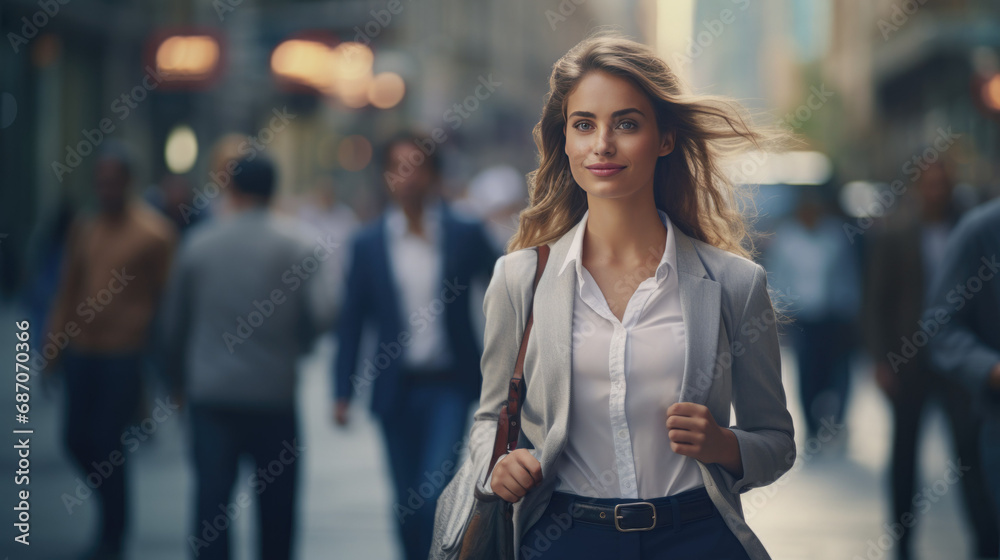 Business woman in suit walking in the city street, going to the work