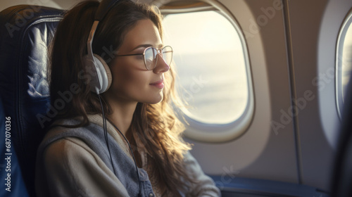 Woman looking out of the airplane window and listening music by headphones