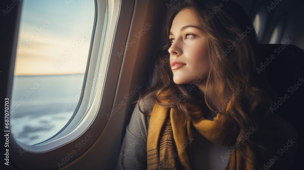 Closeup portrait woman looking out of the airplane window Closeup portrait woman looking out of the airplane window