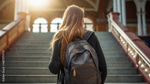 Young student girl with backpack climbing on stairs, back view angle
