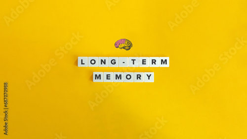 Long-term Memory Text, Banner, and Concept Image. Neocortex and Human Brain. Block Letter Tiles on Yellow Background. Minimalist Aesthetics. photo