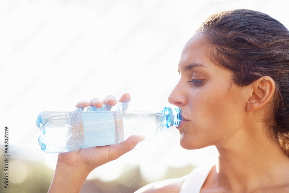 Drinking water, fitness and woman outdoor for running, wellness or training on white background. Sports, liquid and face profile of female runner outside for exercise, workout or morning cardio run Drinking water, fitness and woman outdoor for running, wellness or training on white background. Sports, liquid and face profile of female runner outside for exercise, workout or morning cardio run