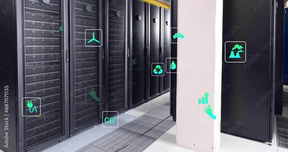 Animation of eco icons and data processing over computer servers Animation of eco icons and data processing over computer servers