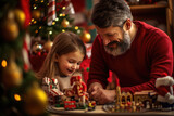 a father and child playing with toys near christmas