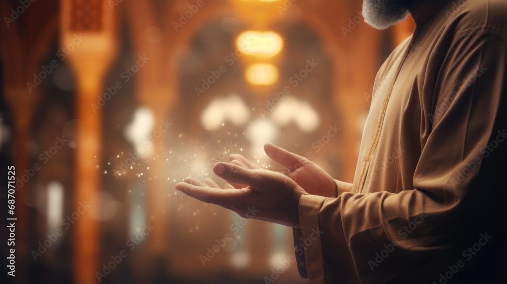 Muslim man with open hands praying in Mosque, Ramadan Kareem and Eid Mubarak concept