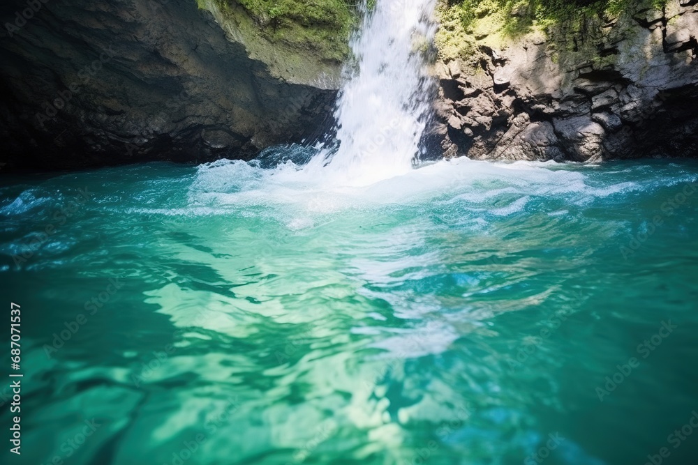 Streams of waterfall cascading down into clear turquoise blue lake