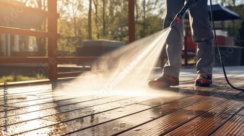 Man cleaning the terrace wooden floor with high pressure cleaner photo