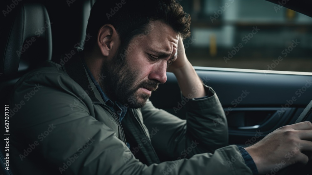 Fototapeta premium Closeup portrait of a male driver sitting very upset inside of a car and hold his head with hand