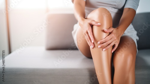 Woman having knee pain is massaging her knee while sitting on a sofa