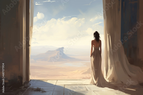 Princess standing alone one the edge of a high castle balcony in a beautiful elegant gown dress, looking out at the distant desert mountain valley landscape and waiting for her love to return.