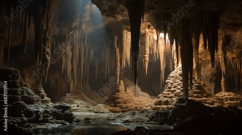 The inside of a cave with a stream running through it.