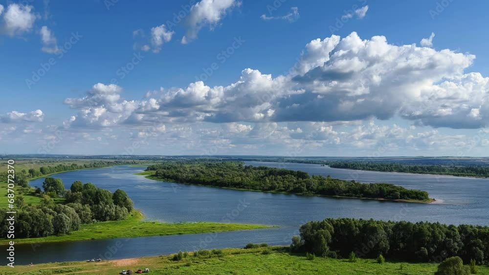 Picturesque view of the Kama River from the observation deck at the Yelabuga settlement. The movement of clouds over the river. Lower Kama National Park. Yelabuga, Republic of Tatarstan, Russia, 4K Picturesque view of the Kama River from the observation deck at the Yelabuga settlement. The movement of clouds over the river. Lower Kama National Park. Yelabuga, Republic of Tatarstan, Russia, 4K