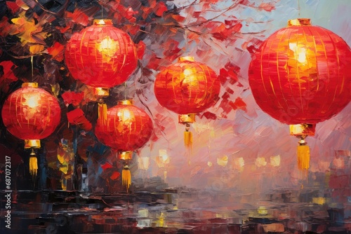 palette knife textured painting Chinese lanterns. Japanese asian new year red lamps festival Chinese New Year Lanterns