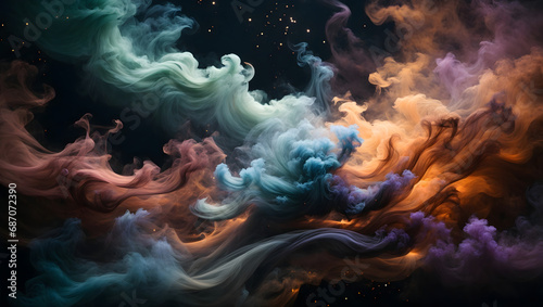 An intricately flowing smoke stream with cosmic and celestial hues against a black canvas, creating an ethereal and cosmic impression.