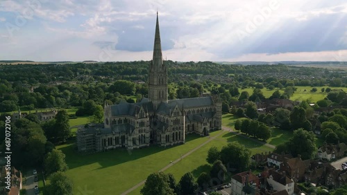 Salisbury Cathedral, Salisbury, UK, August 16, 2023; Stunning aerial clip of the spectacular historical Salisbury Cathedral with the tallest spire, Salisbury, England, UK
