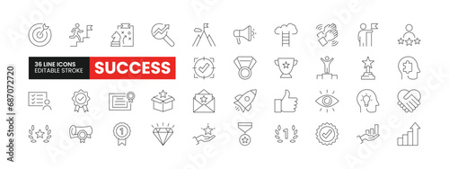 Set of 36 Success and Growth line icons set. Success outline icons with editable stroke collection. Includes Growth, Award, Trophy, Creativity, Problem Solving, and More.