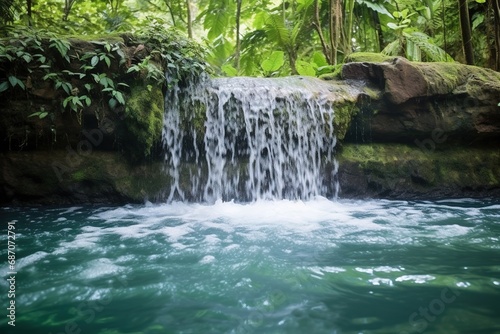 Natural lake waterfall with blue, turquoise water and tropical forest
