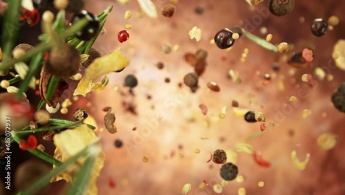 Super Slow Motion of Falling and Rotating Spices Mix. Filmed on High Speed Cinema Camera, 1000 fps. photo