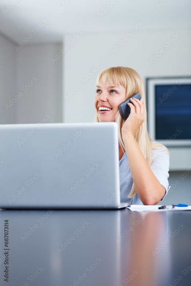 Happy woman, phone call and smile with laptop in home for conversation, consultation or talk. Entrepreneur, remote work and mobile by result, report or feedback by cellular, network or connection Happy woman, phone call and smile with laptop in home for conversation, consultation or talk. Entrepreneur, remote work and mobile by result, report or feedback by cellular, network or connection