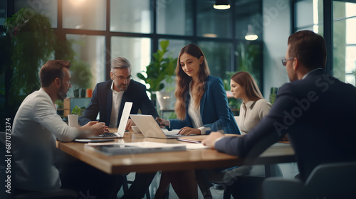 Discussion, planning and business people in the office brainstorming for a corporate project in collaboration. Teamwork, meeting and blur of group of employees working together in work. generative ai.