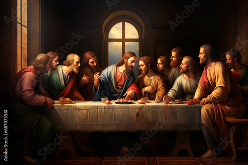 Fotografie, Obraz Last supper of Jesus Christ with apostles in Jerusalem, crucifixion and resurrec