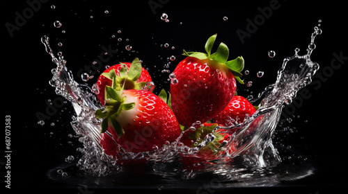 Fresh strawberry with water splashes on dark background. Generative AI