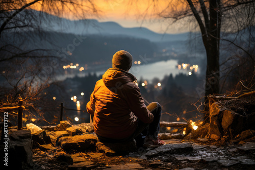 A person sitting alone  overlooking a lake and mountains at sunset  reflecting on the day s hike.