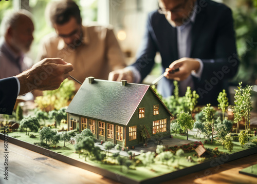 A group of professionals discussing over a model house with detailed landscaping representing architectural planning and teamwork.