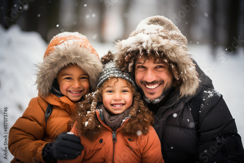 A joyful family with two children, enjoying a snowy day together outdoors, smiling warmly in winter attire.