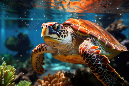 Vibrant sea turtle swimming gracefully near a coral reef in clear ocean waters, showcasing marine biodiversity.