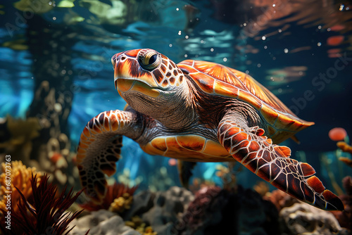 Stunning image of a sea turtle swimming above a coral reef in clear ocean waters, showcasing marine life.