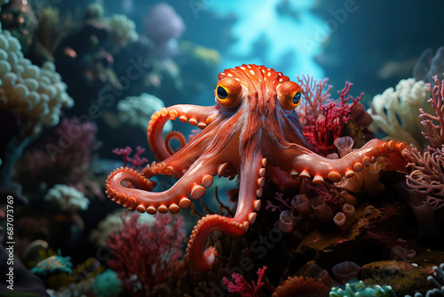 An octopus glides through the ocean among vibrant corals, showcasing the beauty of marine life. © apratim