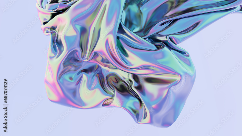 Obraz premium Smooth glossy abstract draped background in neon light. Neon red-blue wave. Hologram concept