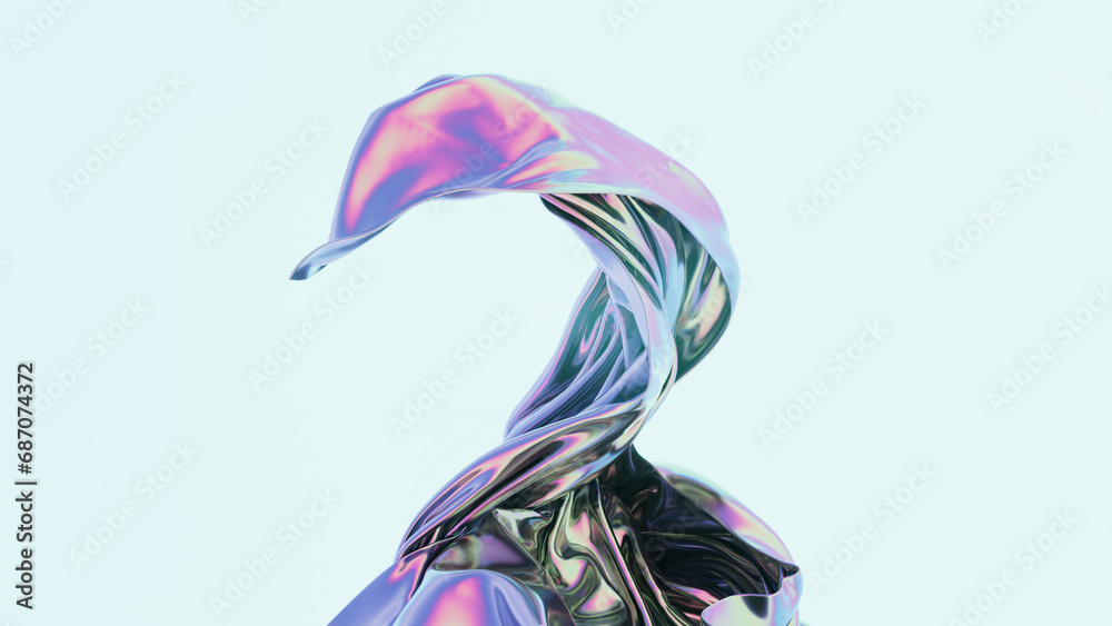Smooth glossy abstract draped background in neon light. Neon red-blue wave. Hologram concept