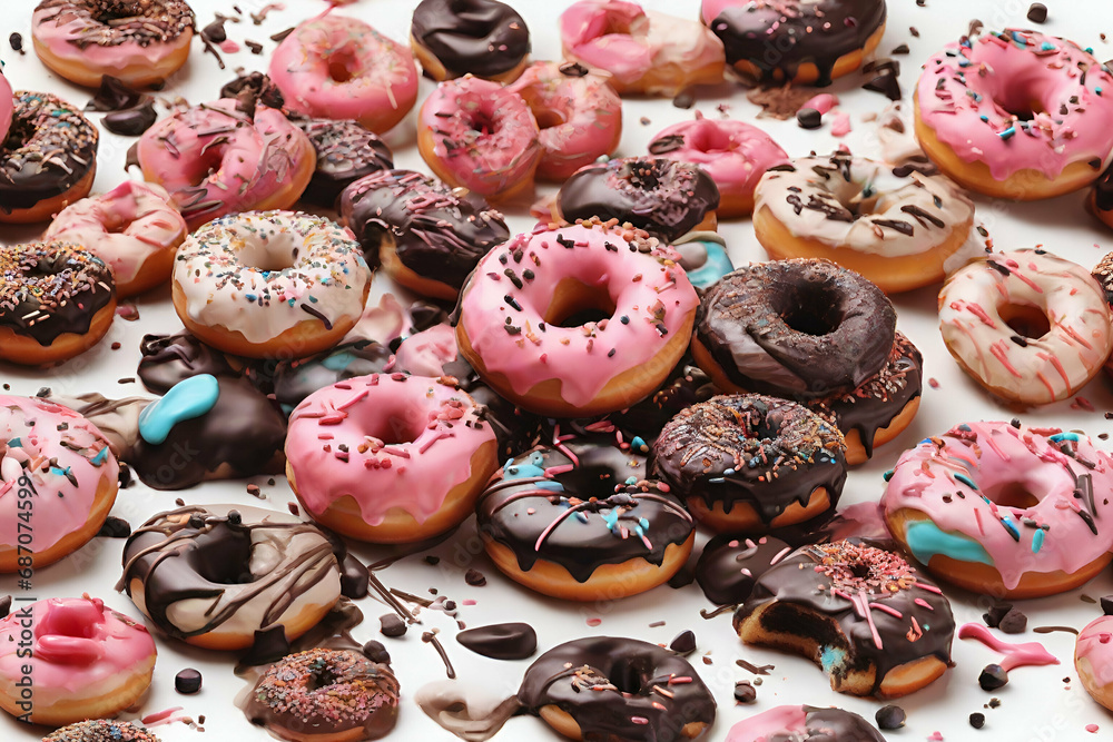 Different type of donuts with chocolate, pink with stripes, with glaze and colored splashes and sprinkled