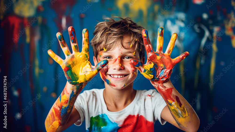 Smiling boy with paint on his hands and face - obrazy, fototapety, plakaty 