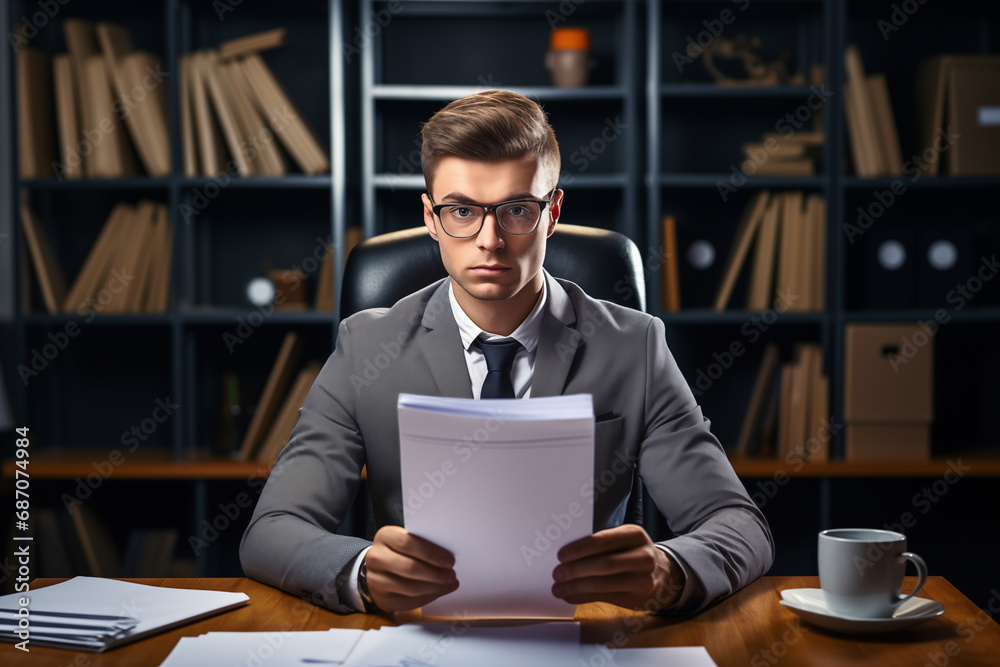 Obraz premium Serious busy young professional business man executive ceo manager sitting at desk in office working checking corporate financial accounting documents feeling worried about taxes or bills.