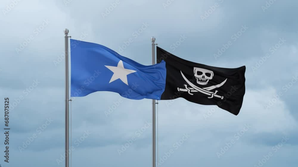 Somalia flag and Corsair flag waving together on cloudy sky, endless seamless loop Somalia flag and Corsair flag waving together on cloudy sky, endless seamless loop