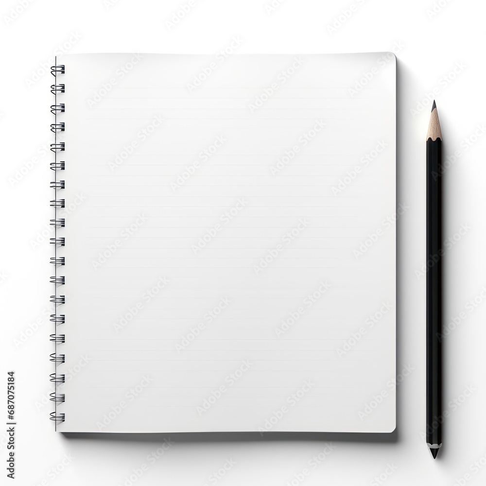 Spiral notebook and pensil isolated on a white background. White blank page. Frame, mock up.