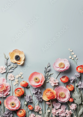 Floral border with pale flowers, petal and grasses and light blue background